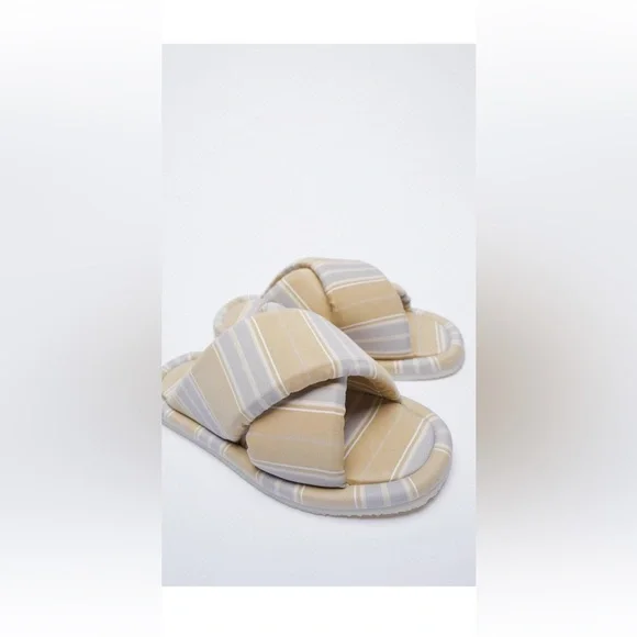 Zara fabric padded strap beige blue printed Striped sandals slides Shoes 41 - Picture 3 of 6